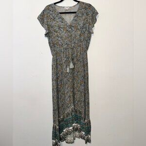 🎉Japna Gray Floral Maxi Dress with Teal Accents